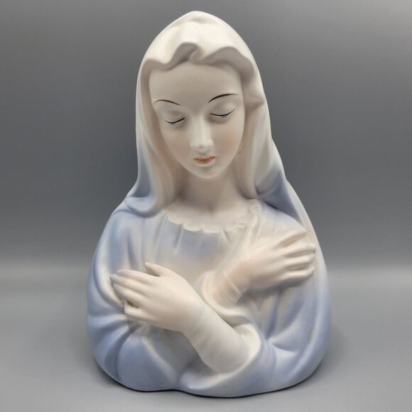 Vintage Enesco Japan Virgin Mary Ceramic Bust Figurine Blue White Religious Deco - Picture 2 of 14